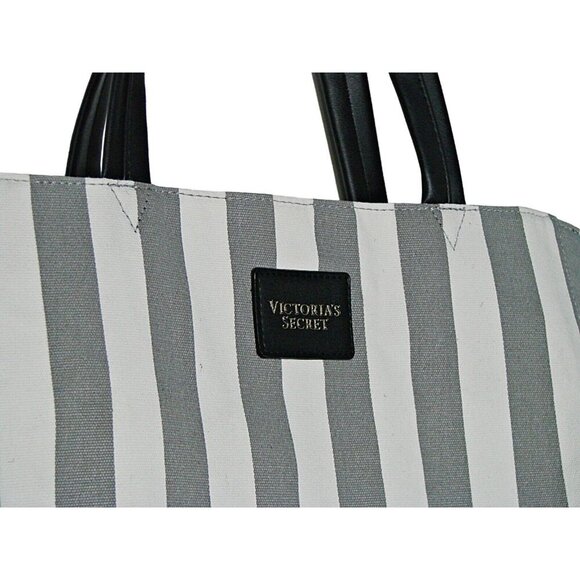 Victorias Secret Striped Canvas Tote Bag Gray White Beach Travel Weekender Book - Picture 2 of 12